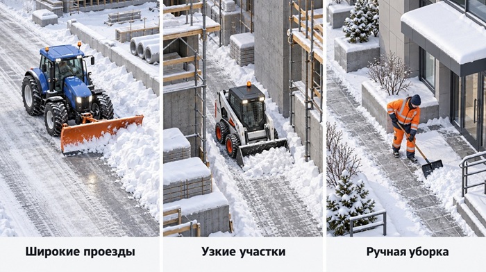 Выбор способа уборки зависит от ширины проездов, расположения строительных конструкций и возможности безопасного применения спецтехники.