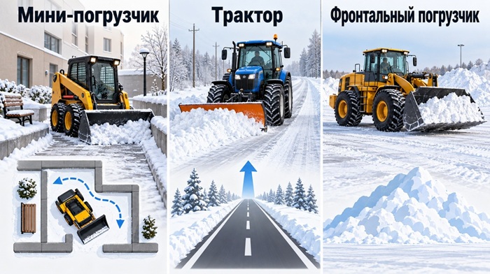 Тип техники выбирают прежде всего по планировке объекта, характеру маршрутов и объёму перемещаемого снега.