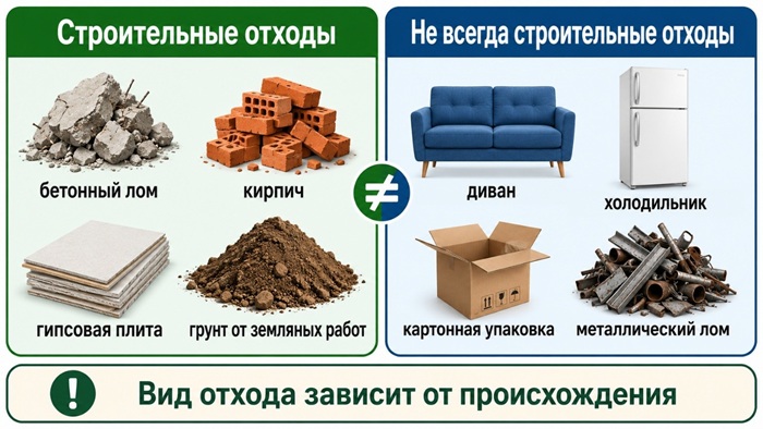 Вид отхода определяется прежде всего его происхождением: не все, что появилось во время ремонта, относится к строительным отходам